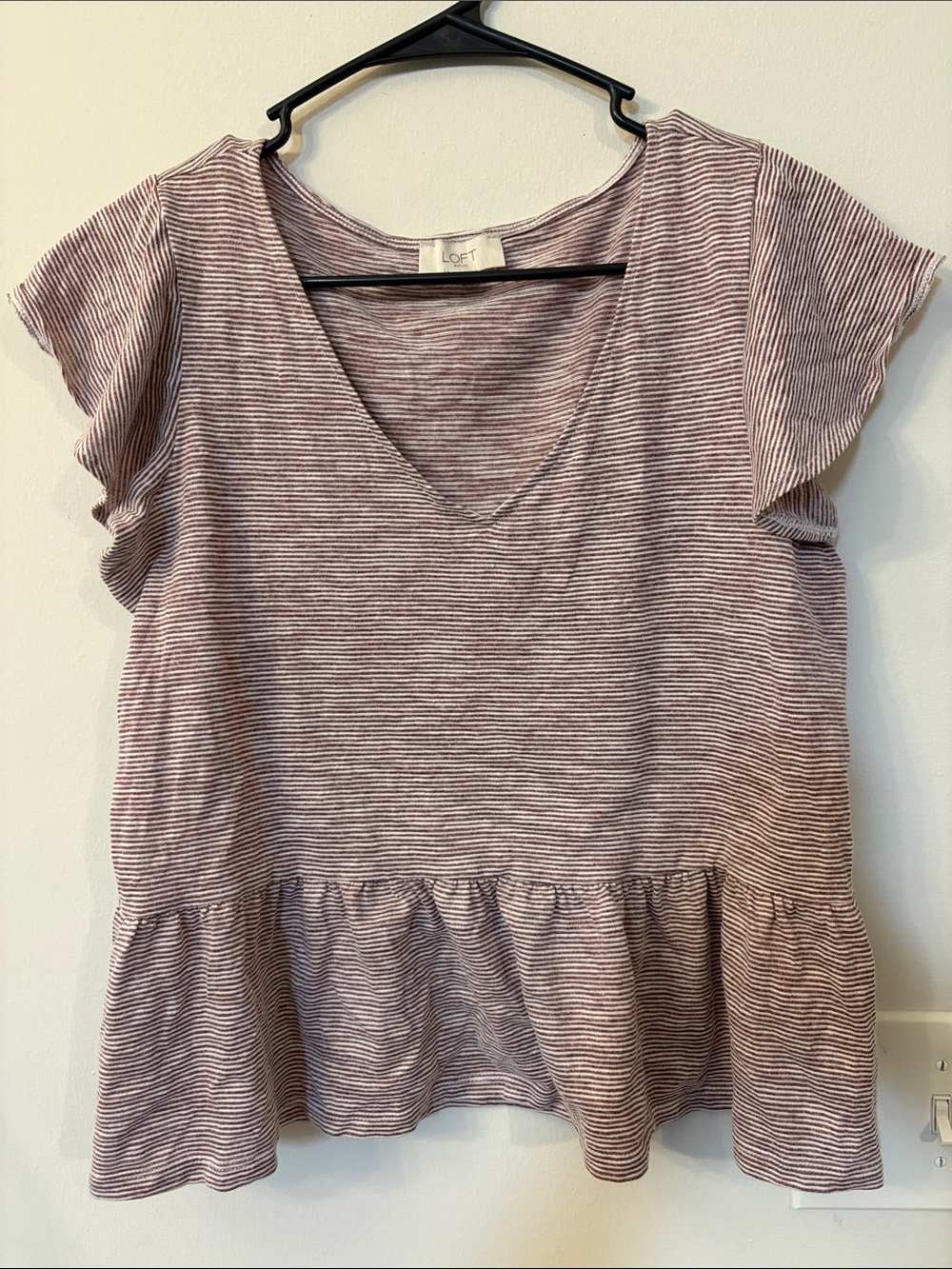 LOFT Mauve and White Striped V-Neck Peplum Top